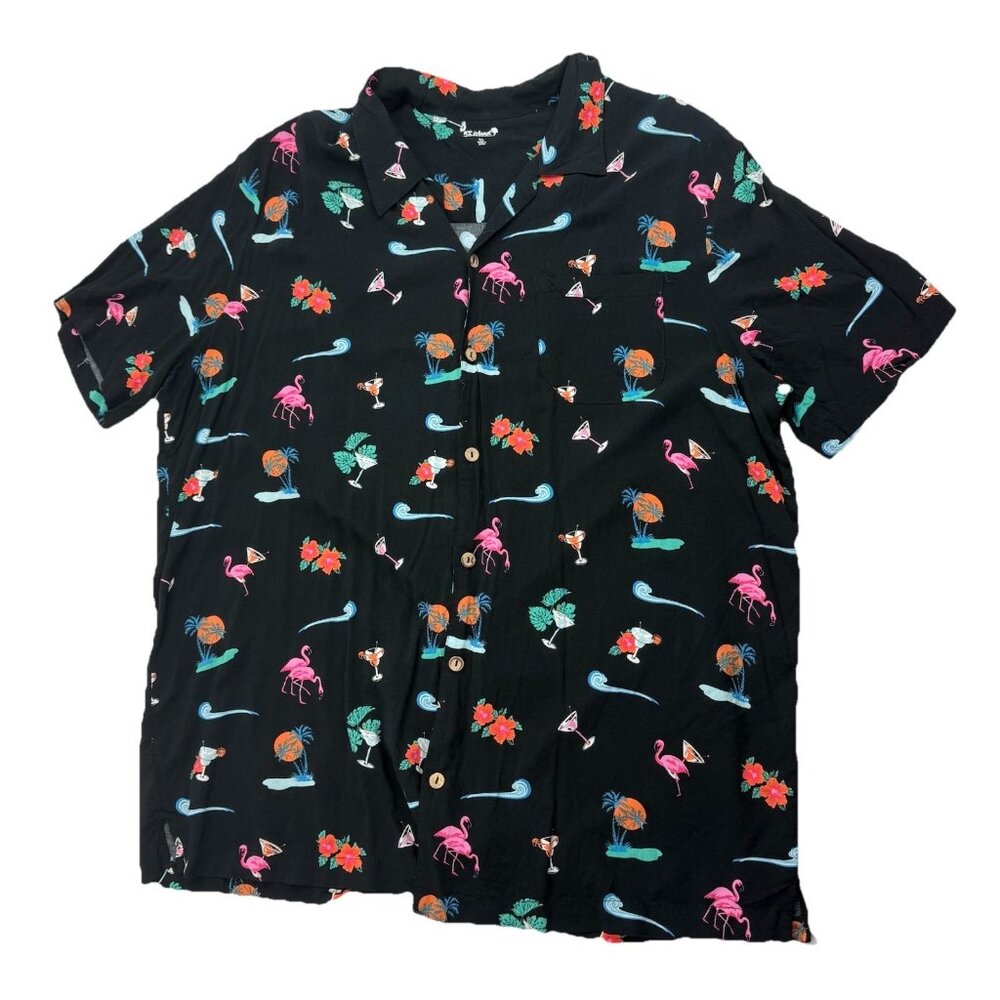 KS Island Mens 2XL Tall Black Short Sleeve Hawaiian Shirt Flamingo Martini